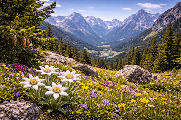 Flora in the mountains in Switzerland - Edelweiss flowers, grass and forest