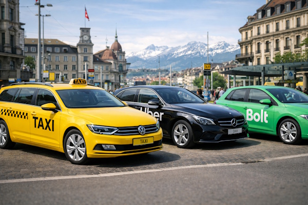 Taxi, Uber and Bolt cars in Switzerland